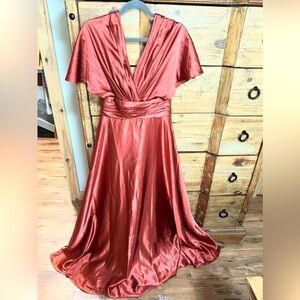 Azazie terracotta metallic Satin Maxi Dress